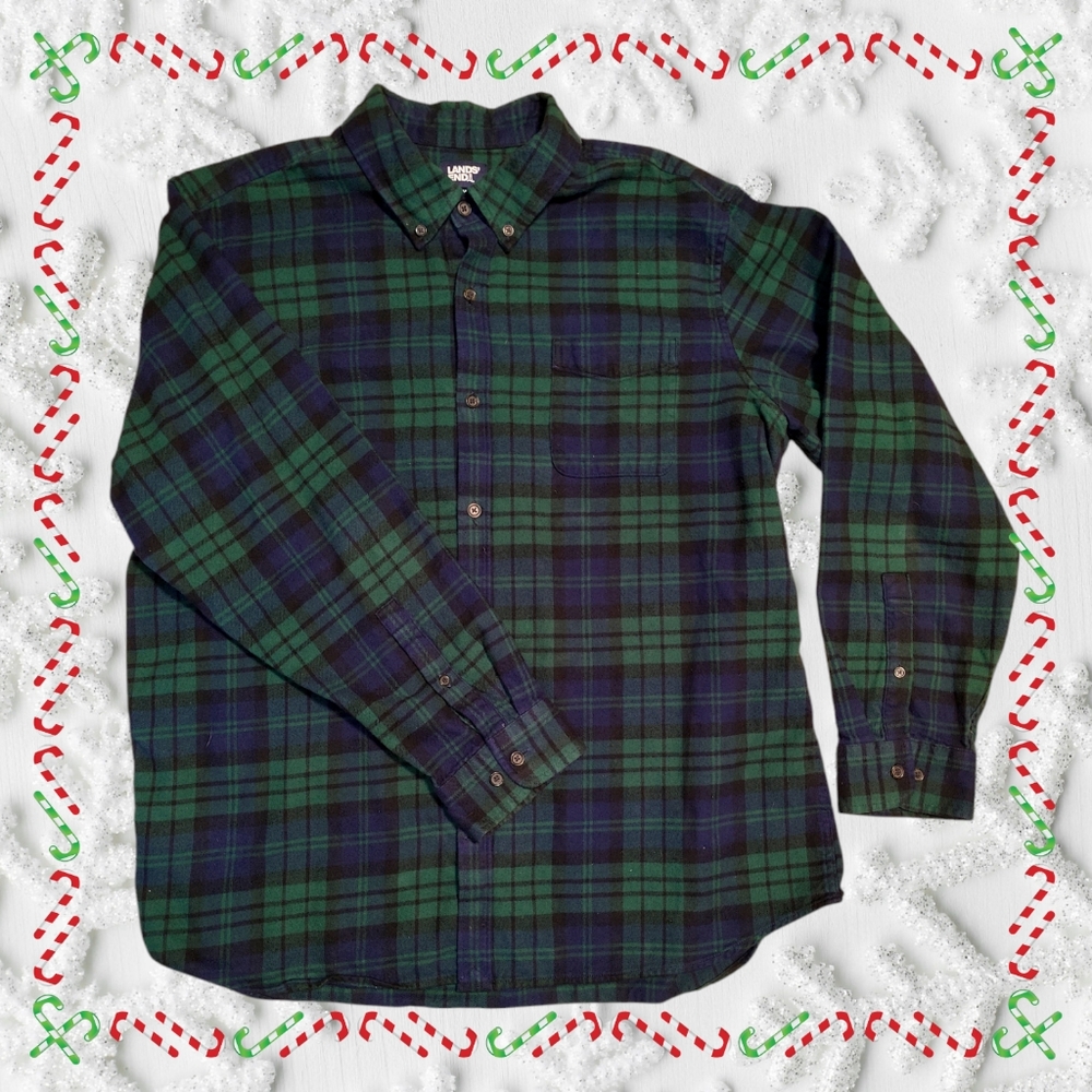 LAND'S END Mens Flannel Button Down Traditional Fit Plaid Shirt
